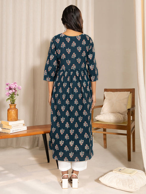 Teal Cotton Floral Fit & Flare Kurta